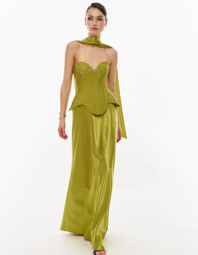 Front view of two piece corset evening dress with structured bodice, delicate beading, and coordinating scarf, offered at Papilio Boutique