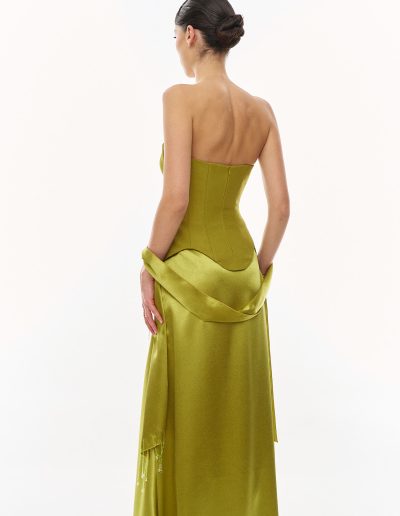 Back view of two piece corset evening dress showing tailored corset shape and smooth skirt, offered at Papilio Boutique
