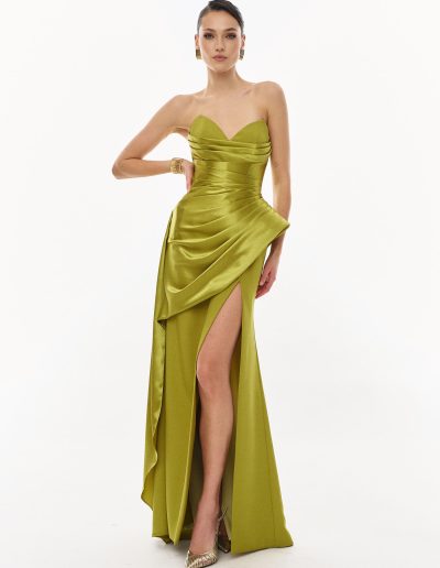Full front view of strapless couture evening gown with structured bodice and fluid draping, offered at Papilio Boutique.