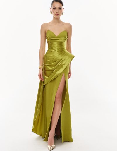 Full front view of strapless couture evening gown with structured bodice and fluid draping, offered at Papilio Boutique.