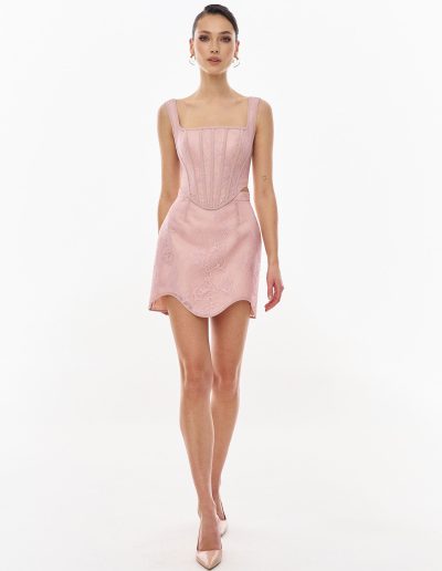Front view of blush two piece lace corset mini dress set with square neckline and structured boning offered at Papilio Boutique Toronto.