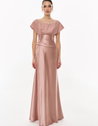Front view of cap sleeve formal evening gown with embellished illusion neckline offered at Papilio Boutique.