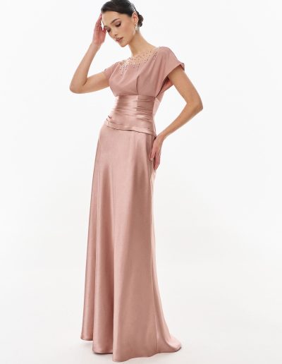 Front view of cap sleeve formal evening gown with embellished illusion neckline offered at Papilio Boutique.