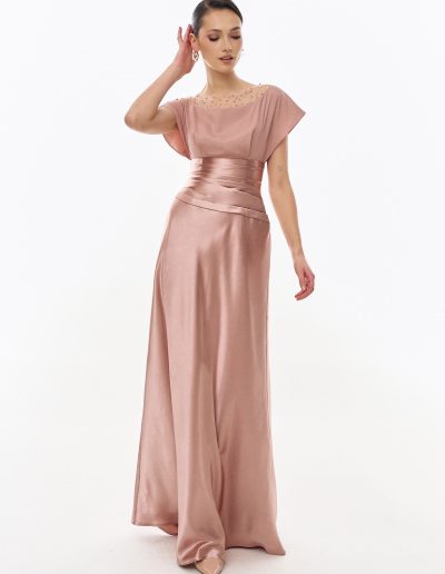 Full front view of formal evening gown with cap sleeves and defined waistband offered at Papilio Boutique.