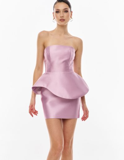 Front view of lavender peplum corset mini dress in mikado offered at Papilio Boutique.