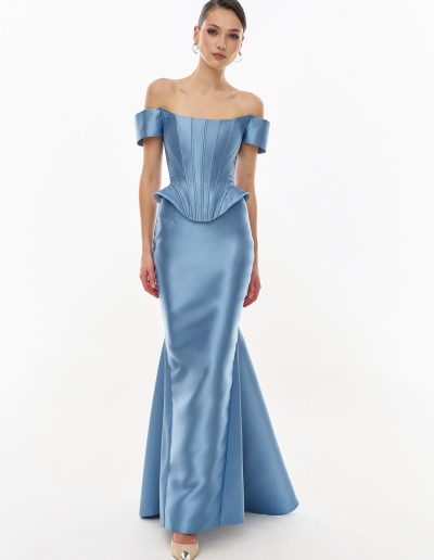 Front view of off the shoulder corset evening gown in blue mikado offered at Papilio Boutique.