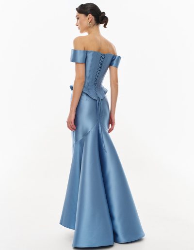 ): Back view of lace-up corset evening gown with fit and flare skirt offered at Papilio Boutique.