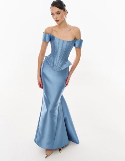 Elegant blue evening gown with silhouette.