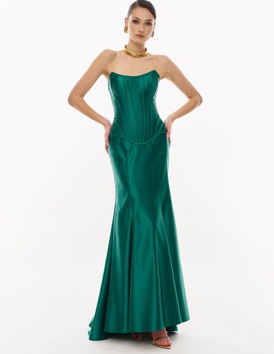 satin corset evening dress with fitted skirt in emerald green offered at Papilio Boutique.