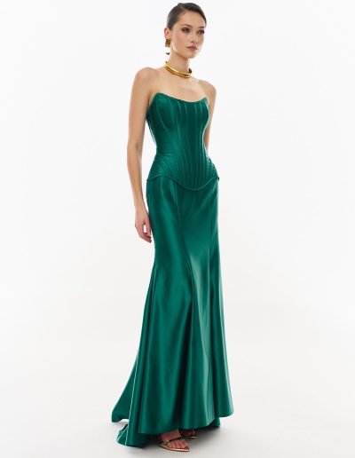 satin corset evening dress with fitted skirt in emerald green offered at Papilio Boutique.
