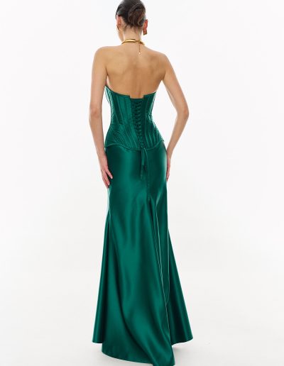 Back view of satin corset evening dress with lace-up detail offered at Papilio Boutique.