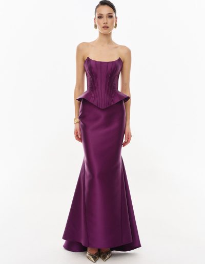 mikado peplum corset dress in plum color offered at Papilio Boutique.