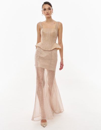 Front view of sequined corset dress with sheer tulle overlay offered at Papilio Boutique.