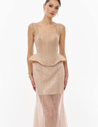 Front view of sequined corset dress with square neckline offered at Papilio Boutique.