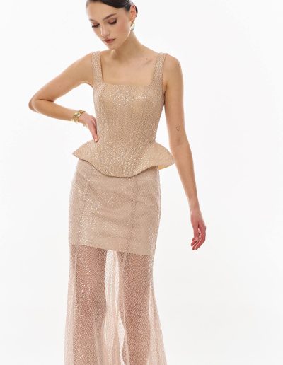 Front view of sequined corset dress with square neckline offered at Papilio Boutique.