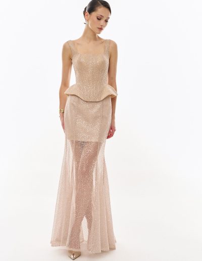 Gold sequined corset evening dress with sculpted peplum detail offered at Papilio Boutique.