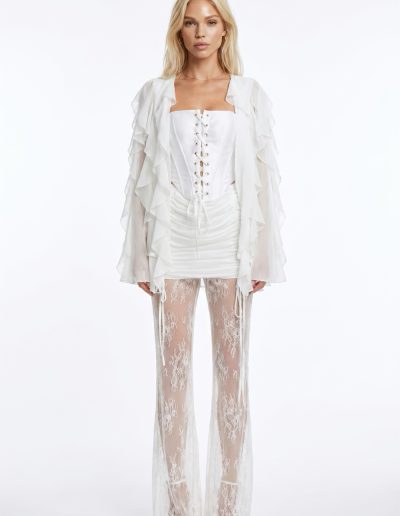 Bridal corset set with lace pants and ruffle chiffon blouse