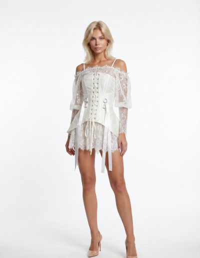 Bridal separates with structured corset, lace shorts and top