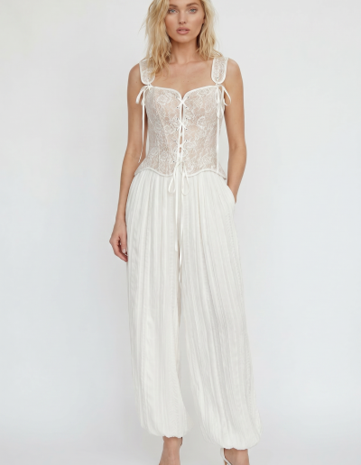 Lace bridal corset with crinkle chiffon pants