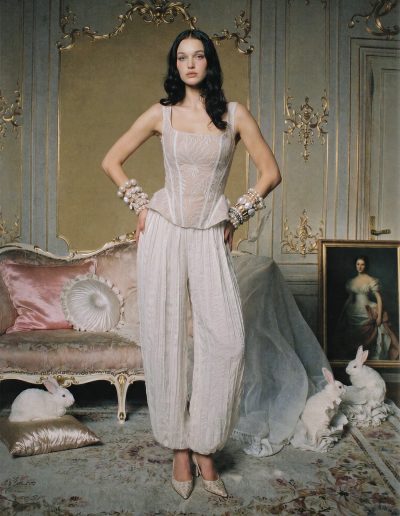 Floral lace bridal corset styled with crinkle chiffon pants in an editorial bridal look at Papilio Boutique.