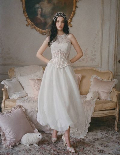 Lace bridal corset with organza skirt shown as a contemporary bridal separates set at Papilio Boutique.